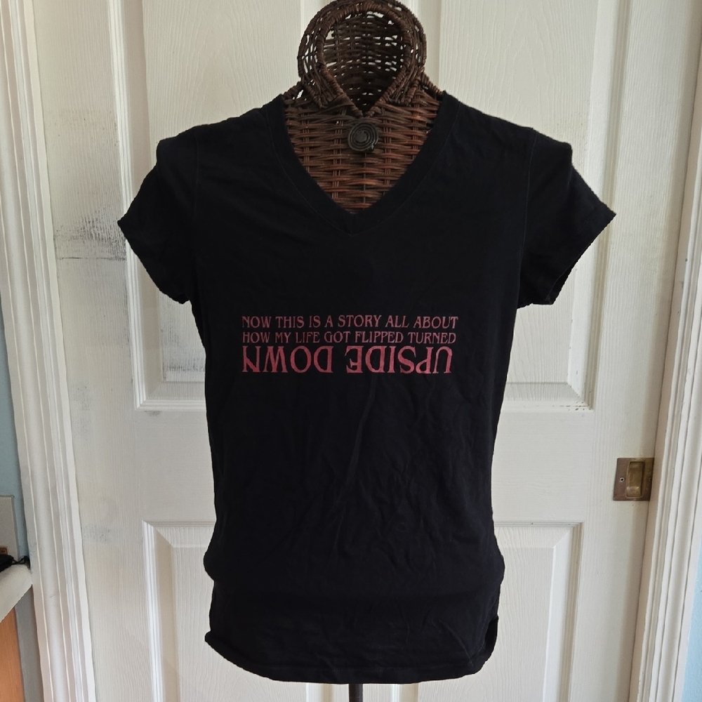 Black Graphic V-Neck Women's Top with Upside Down Story by Teepublic
